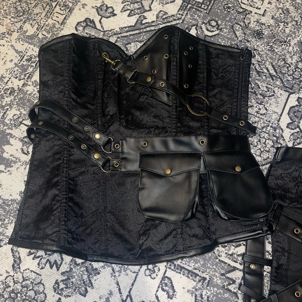living doll Black Gothic Lace Corset Bodysuit with Faux Leather Utility Pockets
